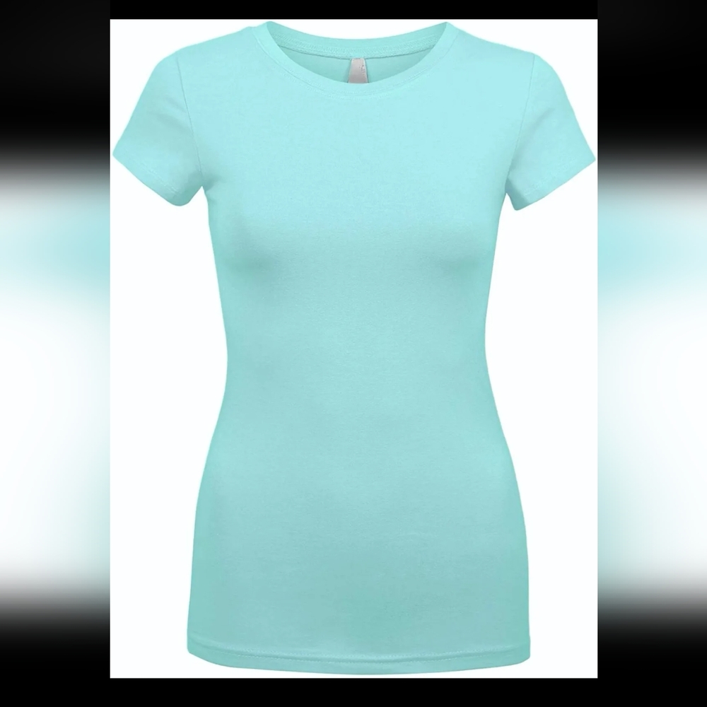 Aqua blue round neck crew short sleeve basic casual cotton solid tshirt top